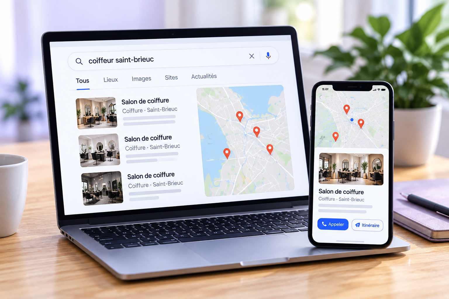 Illustration d’une recherche locale sur ordinateur et téléphone, avec une carte et des établissements.