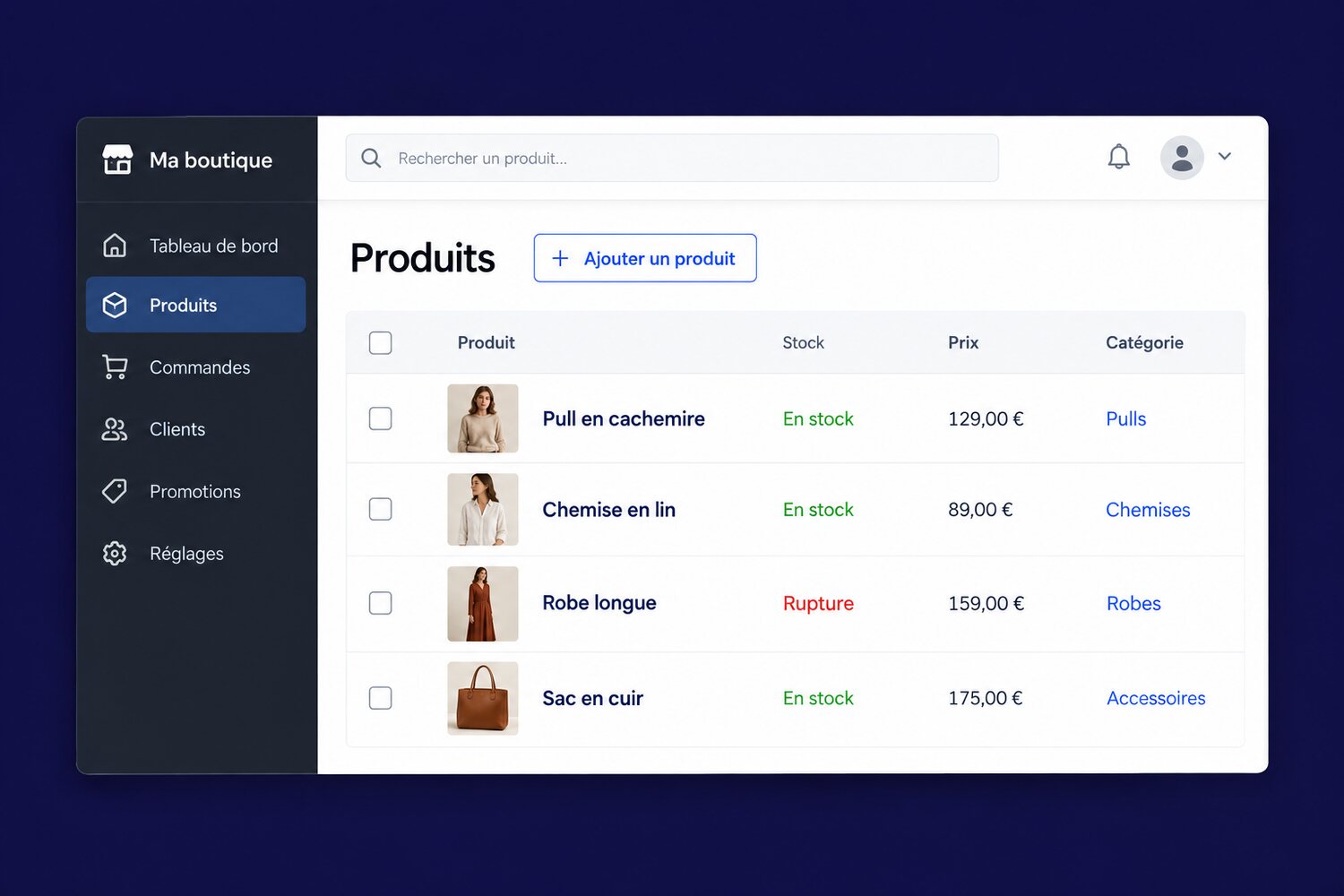 Aperçu d’une interface de gestion de boutique en ligne