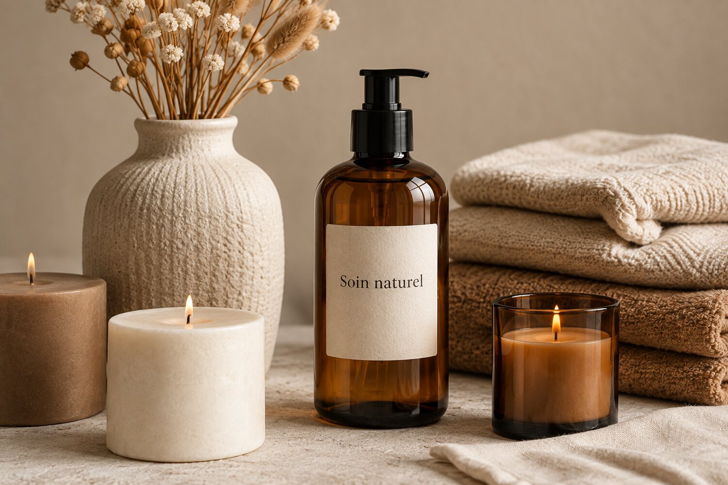 Nature morte de produits : cosmétiques, bougies et textile